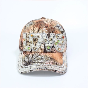 Detail of LOVE letter pattern with pearls and rhinestones on vintage floral baseball cap