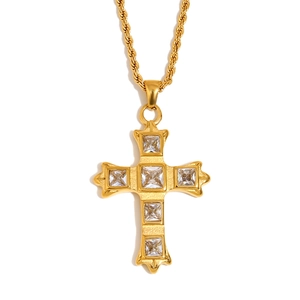 Gold plated 18K stainless steel cross necklace with five square zircon stones on twist chain