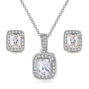 Elegant geometric square zircon necklace and earring set in polished silver finish