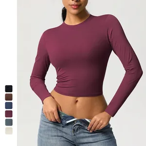 Haut Court de Yoga Serré à Manches Longues pour Femmes Sensation Nue T-Shirt de Sport à Séchage Rapide Pullover Entraînement Gym Fitness Course Vêtements de Sport