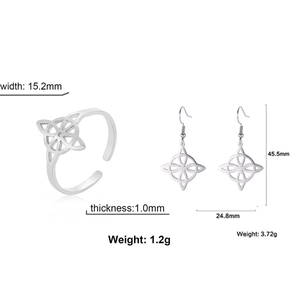 Detailed size specifications for Celtic knot silver ring and dangle earrings set