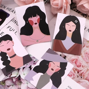 Elegant jewelry display cards with female character illustrations and floral accents