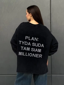 Γυναικεία Μακρυμάνικη Μπλούζα Oversized Πλυμένο Βαμβάκι Στρογγυλή Λαιμόκοψη Ρετρό Σχέδιο Γράμματα Στρας Τοπ Μαύρο