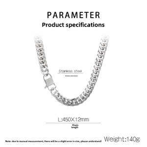 Close-up of 12mm silver stainless steel Cuban link chain with detailed size specifications