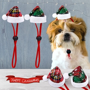 Plaid Christmas hats for pets with adjustable drawstring and toggle in festive red and green