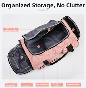 Detail view of pink gym bag interior with organized compartments for dry and wet separation