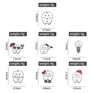Detailed size and weight chart for cute enamel tooth pins with various cartoon designs