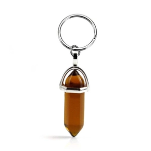 Detailed view of a hexagonal amber crystal pillar pendant attached to a silver keychain