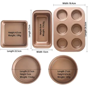 Detailed view of 5-piece champagne gold non-stick baking set with size and weight specs