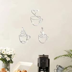 Modern minimalist silver coffee cup mirror wall art set of 3 for home decoration