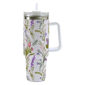40oz stainless steel tumbler with handle featuring vibrant 3D floral botanical prints
