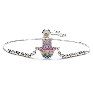 Adjustable silver Hamsa hand bracelet with colorful gradient cubic zirconia stones