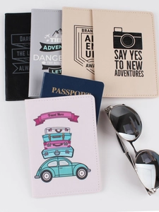 Faux leather travel passport wallet set in multiple colors with adventure quotes