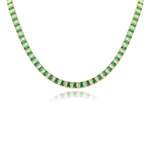 Elegant gold necklace with emerald and clear zircon rectangular stones in U-shape