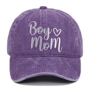 Purple washed cotton baseball cap featuring silver Boy Mom embroidery and curved brim