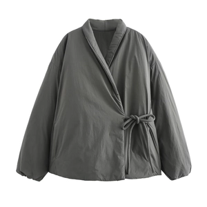 Dark grey quilted kimono jacket with side-tie closure and oversized long sleeves for women