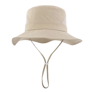 Detail view of breathable mesh panel and adjustable windproof cord on a summer sun hat