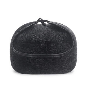 Men's winter faux fur flat top thermal hat with warm ear flaps and leather trim