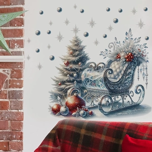 Stickers muraux sapin de Noël et traîneau avec boules et flocons décoratifs pour salon