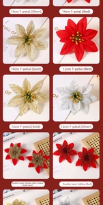 Detail view of 12cm and 14cm artificial poinsettias in red, gold, and silver finishes
