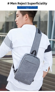 Detailansicht der grauen Brusttasche aus strukturiertem Stoff mit Joy Start Logo-Aufdruck