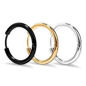 Polished titanium steel hoop earrings in black, gold, and silver finishes with a latch closure