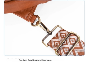 Detail of brushed bold custom metal hardware on brown leather laptop backpack strap