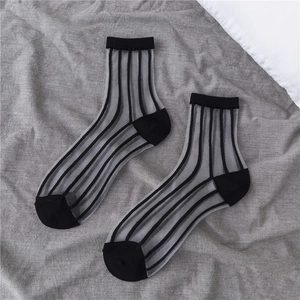 Detail of sheer striped mid-calf socks with reinforced heel and contrast texture