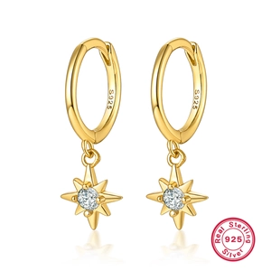 Eight Pointed Star Pendant Hoop Earrings 925 Sterling Silver Zircon Inlaid Minimalist Trendy Sweet Cool Style