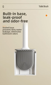 Detail of soft silicone toilet brush head with base showing leakproof and anti-odor design