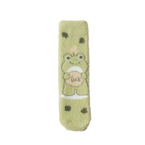 Fuzzy green frog mink velvet socks with Luck pattern and polka dots for winter home wear