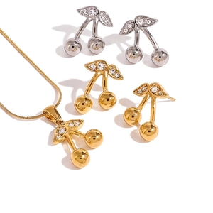 Stainless Steel Cherry Pendant Necklace And Stud Earrings Jewelry With Rhinestones Sweet Fruit Style For Women