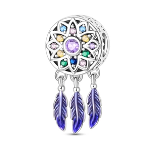 Macro detail of dreamcatcher charm with purple stones and enamel feather pendants