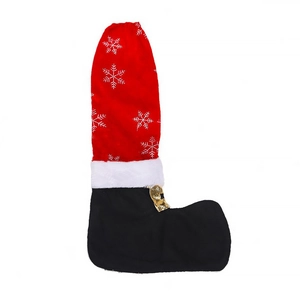 Christmas table leg cover with red snowflake pattern and white faux fur trim decoration