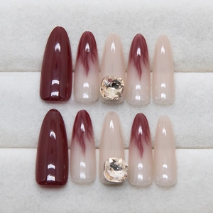 Long almond wine red gradient press-on nails with sparkling rhinestones set of 10