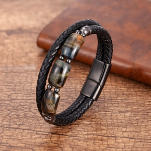 Men Braided Leather Bracelet With Tiger Eye Stone Beads Stainless Steel Magnetic Clasp Vintage Bohemian Jewelry