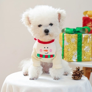 Detailed close-up of a cozy pet sweater featuring a cute snowman holiday ornament