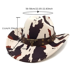 Cow print western cowboy hat with bull head emblem, sizing details 56-58cm circumference