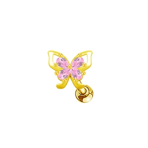 Macro view of gold butterfly labret stud with pink oval zircon crystals on white background