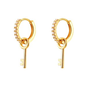 Vintage Punk Style Copper Key Pendant Earrings For Women With Silver Earring Post Rhinestone Inlaid Hoop Jewelry