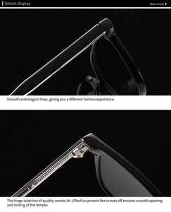 Detail of high-quality metal hinge and sleek temple lines on black acetate sunglasses