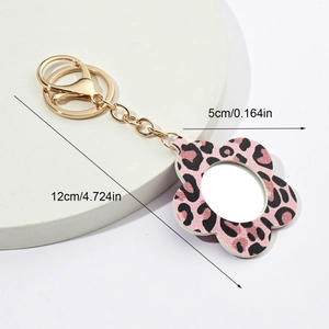 Leopard print flower mirror keychain with pink leather and gold metal chain 12cm