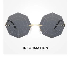 Detail shot of octagonal lenses with intricate spider web pattern and gold metal frames