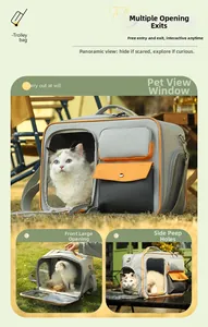 Détails du sac de transport gris pour animaux avec bordure orange et fenêtres en maille aérée