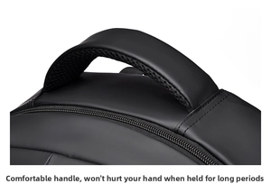 Detail of ergonomic padded handle and waterproof zipper on black business backpack