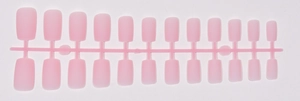 Detailed view of 24 pieces soft pink matte square press-on nails on a clear plastic runner