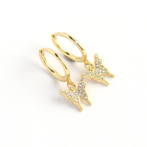 Elegant gold butterfly hoop earrings with pavé crystals for women on white background