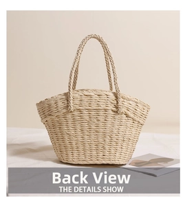 Detailed back view of a straw basket bag with handwoven texture and dual handles