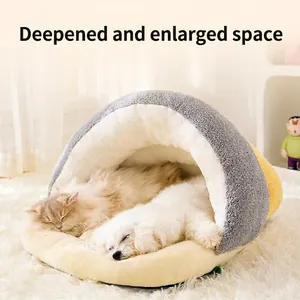 Plush semi-enclosed pet cave bed for cats and dogs with deep warm fleece lining