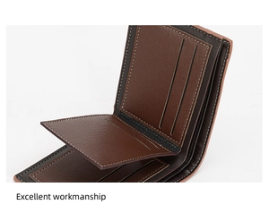 Detailed close-up of bifold men's wallet showing stitching and multi-card slot structure